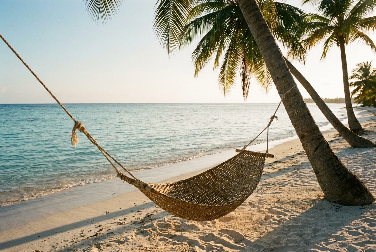 Hammock strung between two palm trees on a quiet white-sand beach